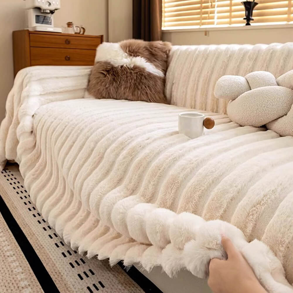 Cream Wide-Striped Faux Rabbit Fur One Piece Full Coverage Sofa Cover