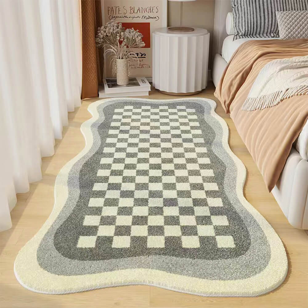 Faux Cashmere Chequerboard Cosy Bedside Carpet Irregular Shape Rug