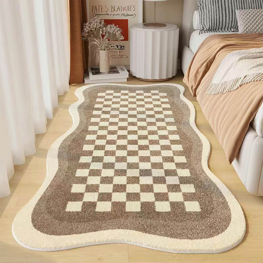 Faux Cashmere Chequerboard Cosy Bedside Carpet Irregular Shape Rug