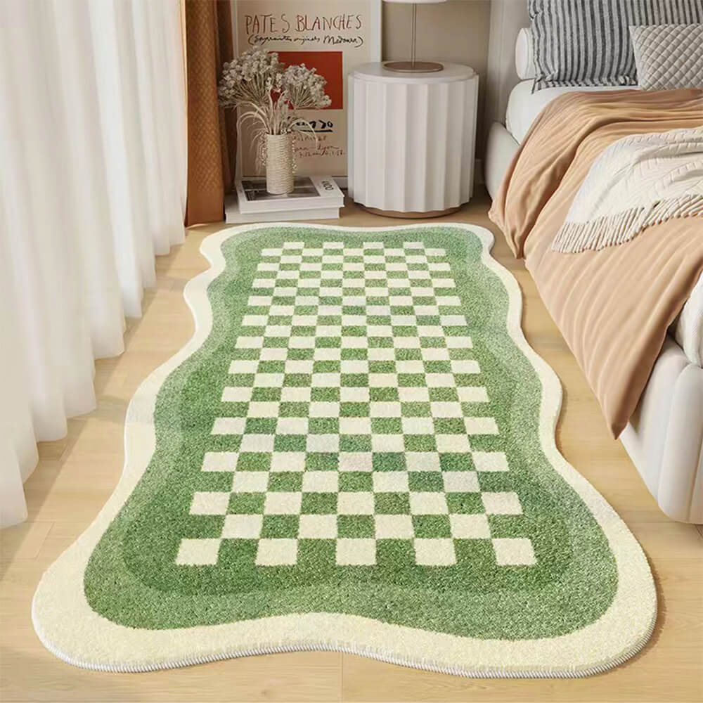 Faux Cashmere Chequerboard Cosy Bedside Carpet Irregular Shape Rug