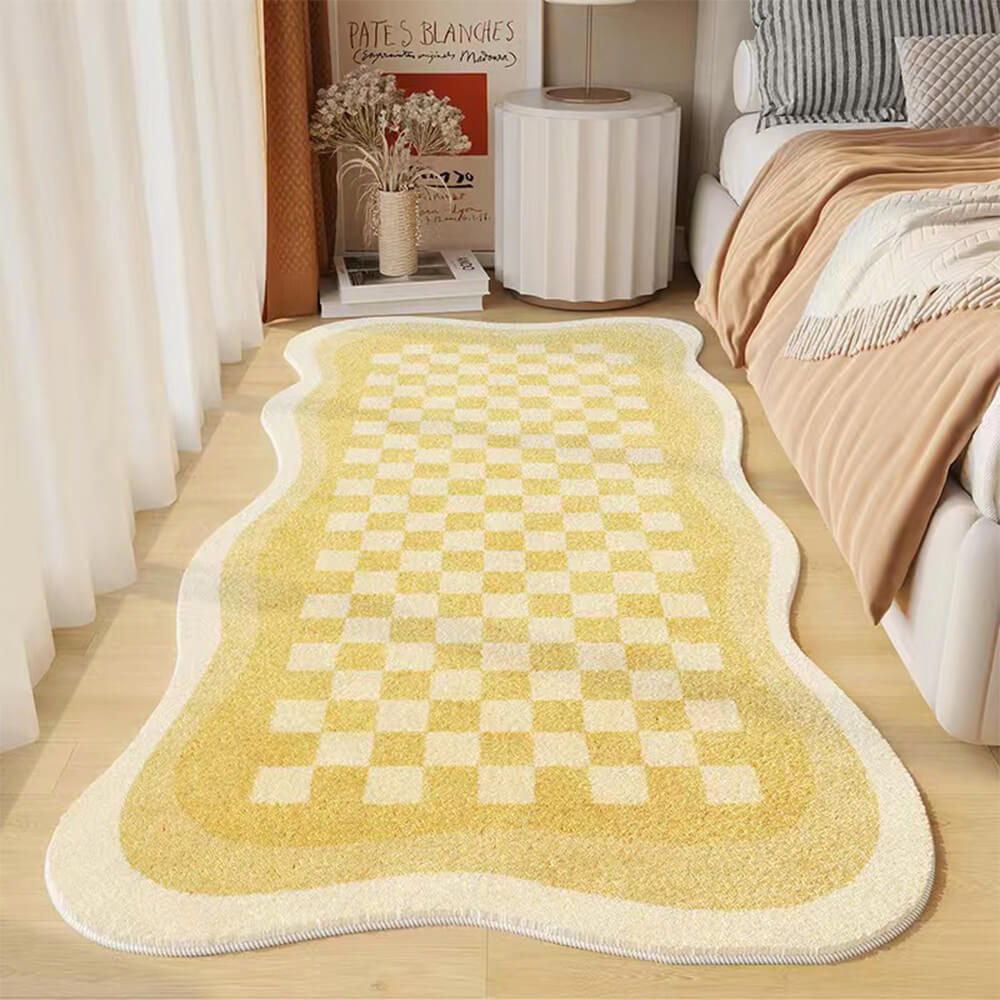 Faux Cashmere Chequerboard Cosy Bedside Carpet Irregular Shape Rug