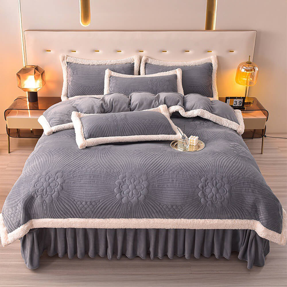 Floral Quilted Cosy Thickened Milk Fleece Bed Skirt Set