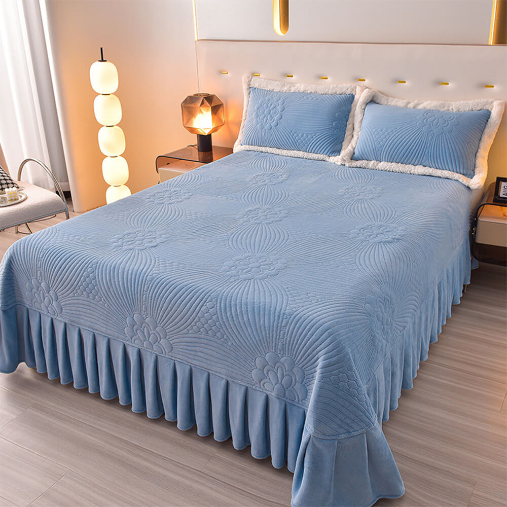 Floral Quilted Cosy Thickened Milk Fleece Bed Skirt Set