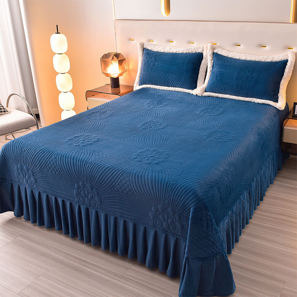 Floral Quilted Cosy Thickened Milk Fleece Bed Skirt Set