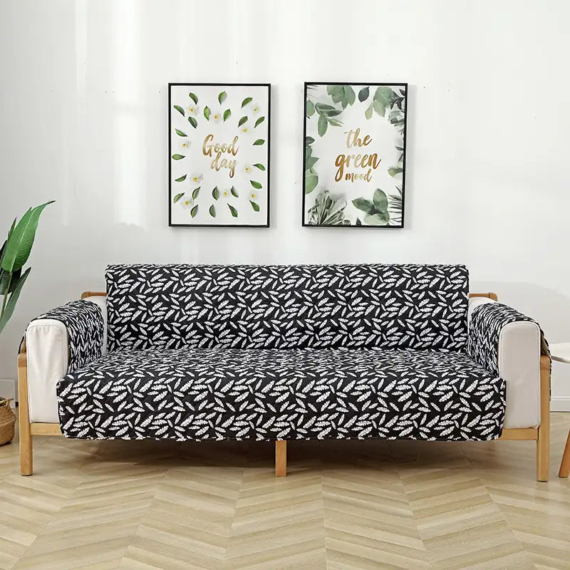 Leaf Print Quilted One-Piece Sofa Cover with Non-Slip Elastic Straps