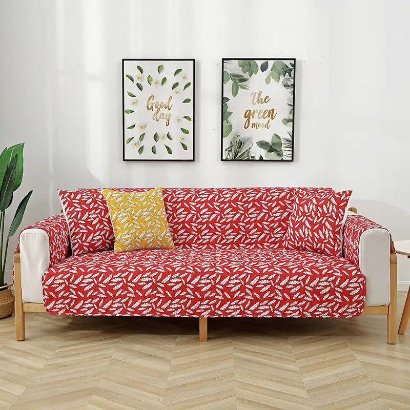 Leaf Print Quilted One-Piece Sofa Cover with Non-Slip Elastic Straps