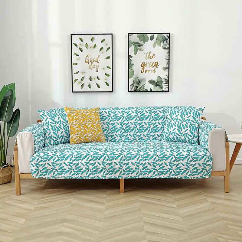 Leaf Print Quilted One-Piece Sofa Cover with Non-Slip Elastic Straps