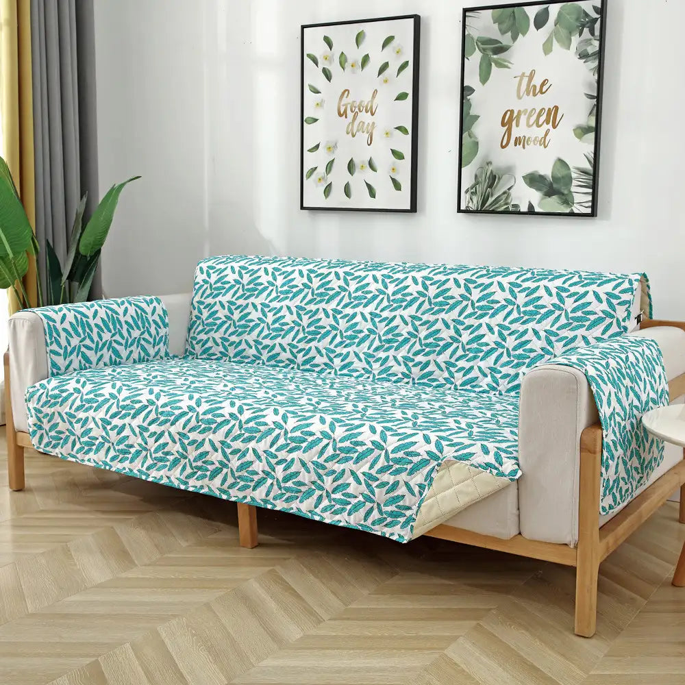 Leaf Print Quilted One-Piece Sofa Cover with Non-Slip Elastic Straps