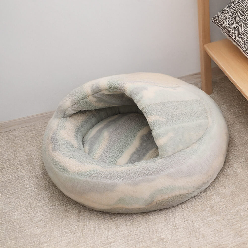 Luxury Marble Striped Cosy Semi-Enclosed Cave Dog & Cat Bed