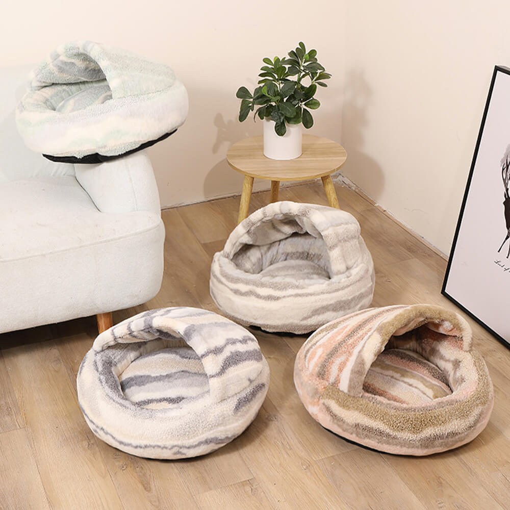 Luxury Marble Striped Cosy Semi-Enclosed Cave Dog & Cat Bed