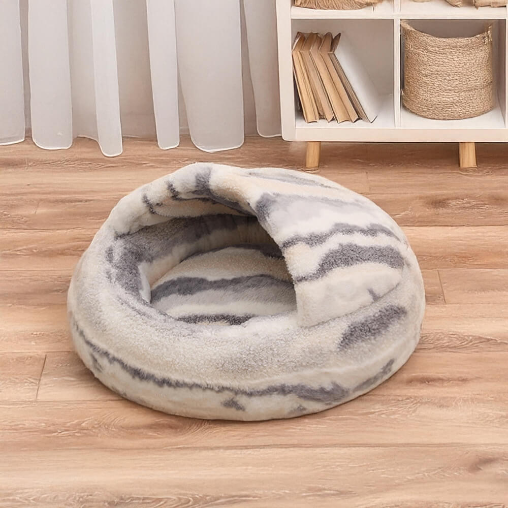 Luxury Marble Striped Cosy Semi-Enclosed Cave Dog & Cat Bed