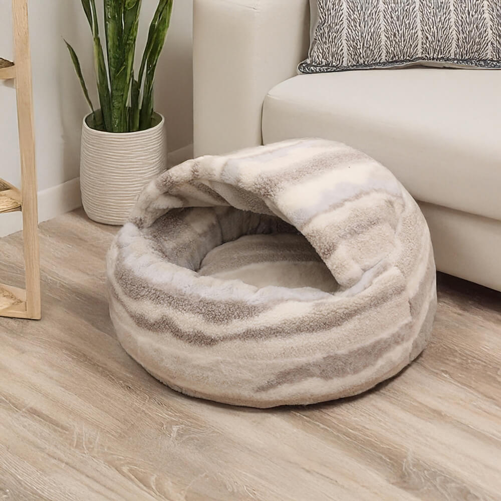 Luxury Marble Striped Cosy Semi-Enclosed Cave Dog & Cat Bed