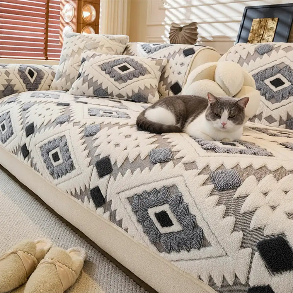 Modern Geometric Thick Plush Anti-Scratch Non-Slip Sofa Cover