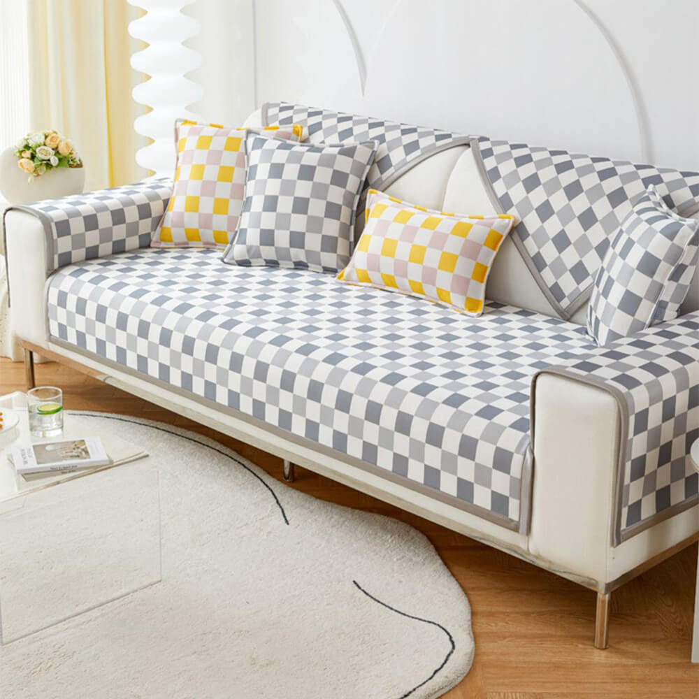 Modern Ice Silk Breathable Anti-Slip Chequered Sofa Cover