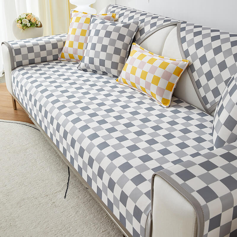 Modern Ice Silk Breathable Anti-Slip Chequered Sofa Cover