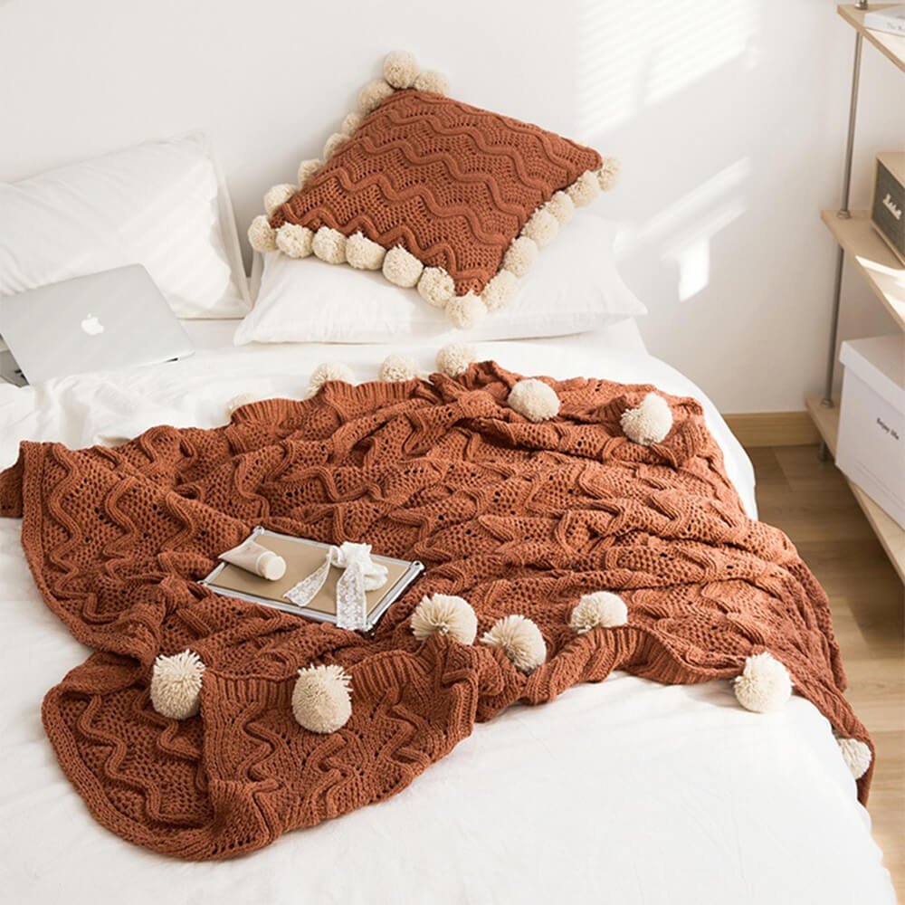 Nordic Style Chenille Pom Pom Cosy Throw Blanket with Pillowcase