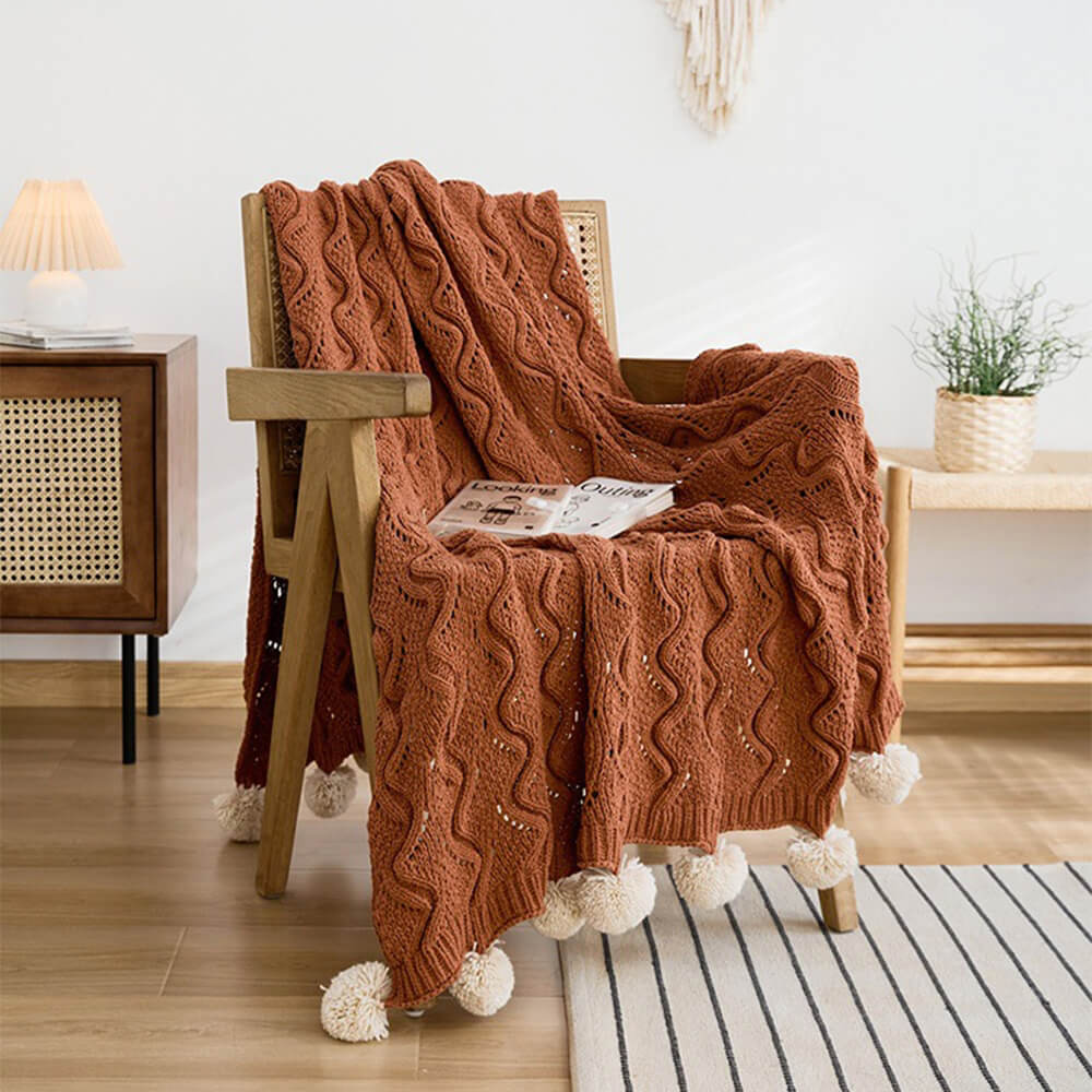 Nordic Style Chenille Pom Pom Cosy Throw Blanket with Pillowcase