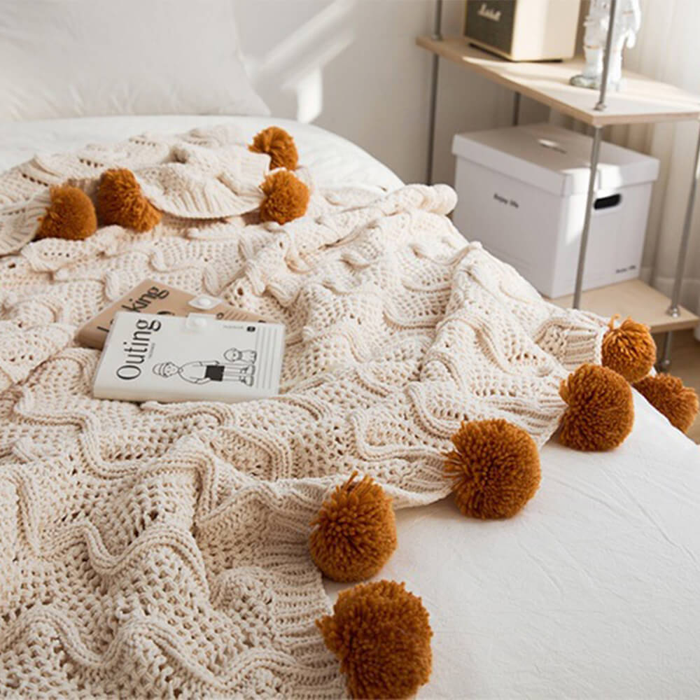 Nordic Style Chenille Pom Pom Cosy Throw Blanket with Pillowcase