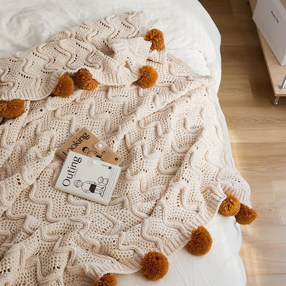 Nordic Style Chenille Pom Pom Cosy Throw Blanket with Pillowcase