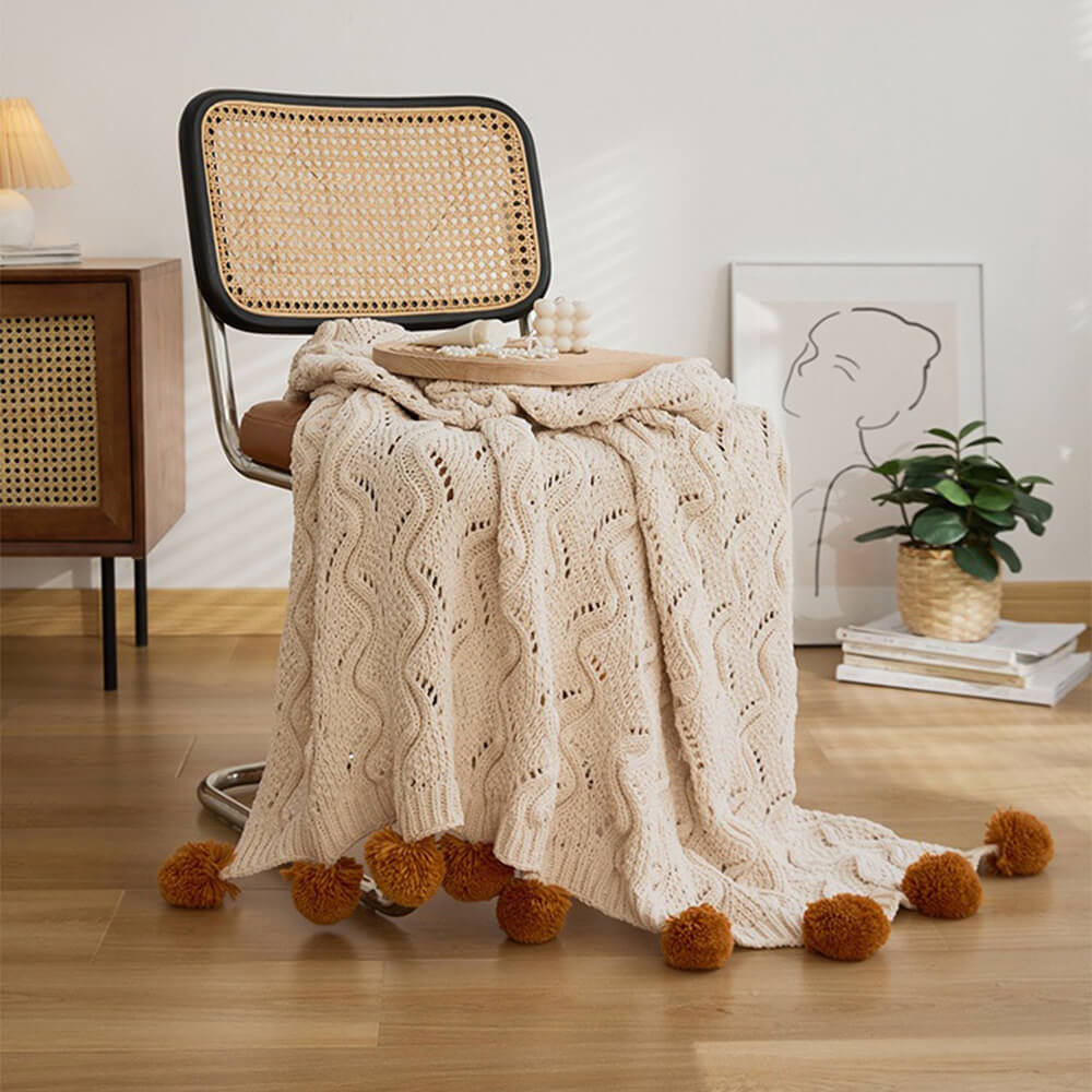 Nordic Style Chenille Pom Pom Cosy Throw Blanket with Pillowcase