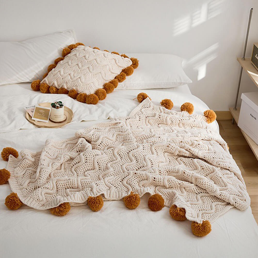 Nordic Style Chenille Pom Pom Cosy Throw Blanket with Pillowcase