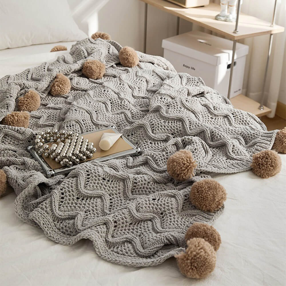 Nordic Style Chenille Pom Pom Cosy Throw Blanket with Pillowcase