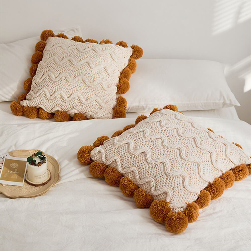 Nordic Style Chenille Pom Pom Cosy Throw Blanket with Pillowcase