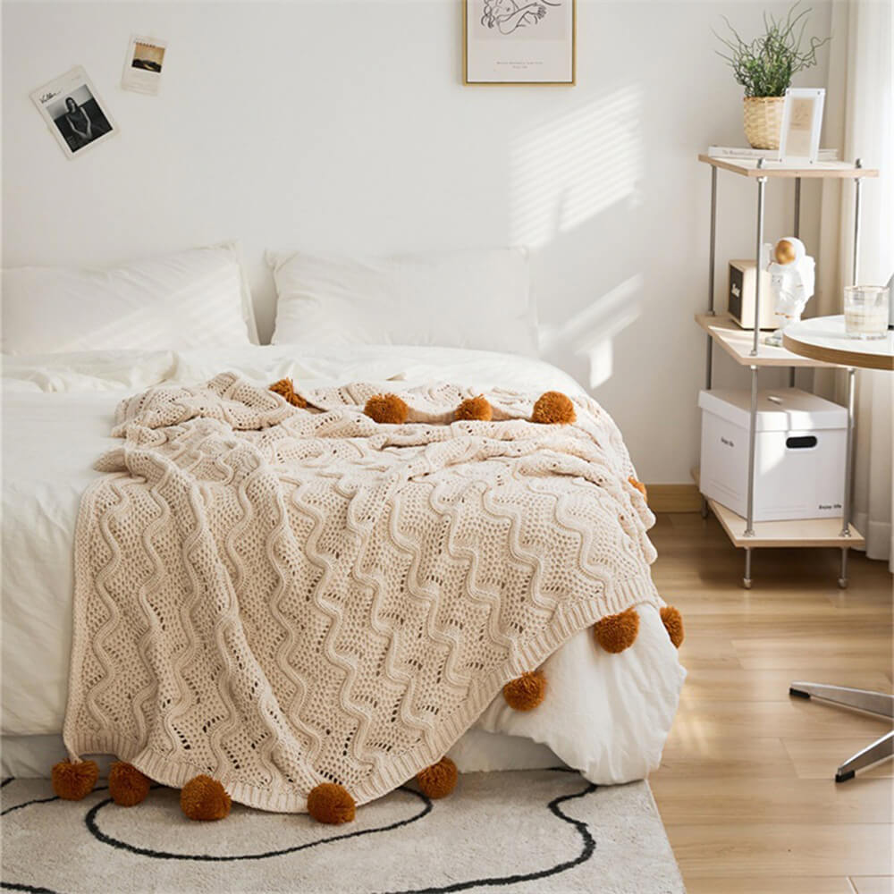 Nordic Style Chenille Pom Pom Cosy Throw Blanket with Pillowcase