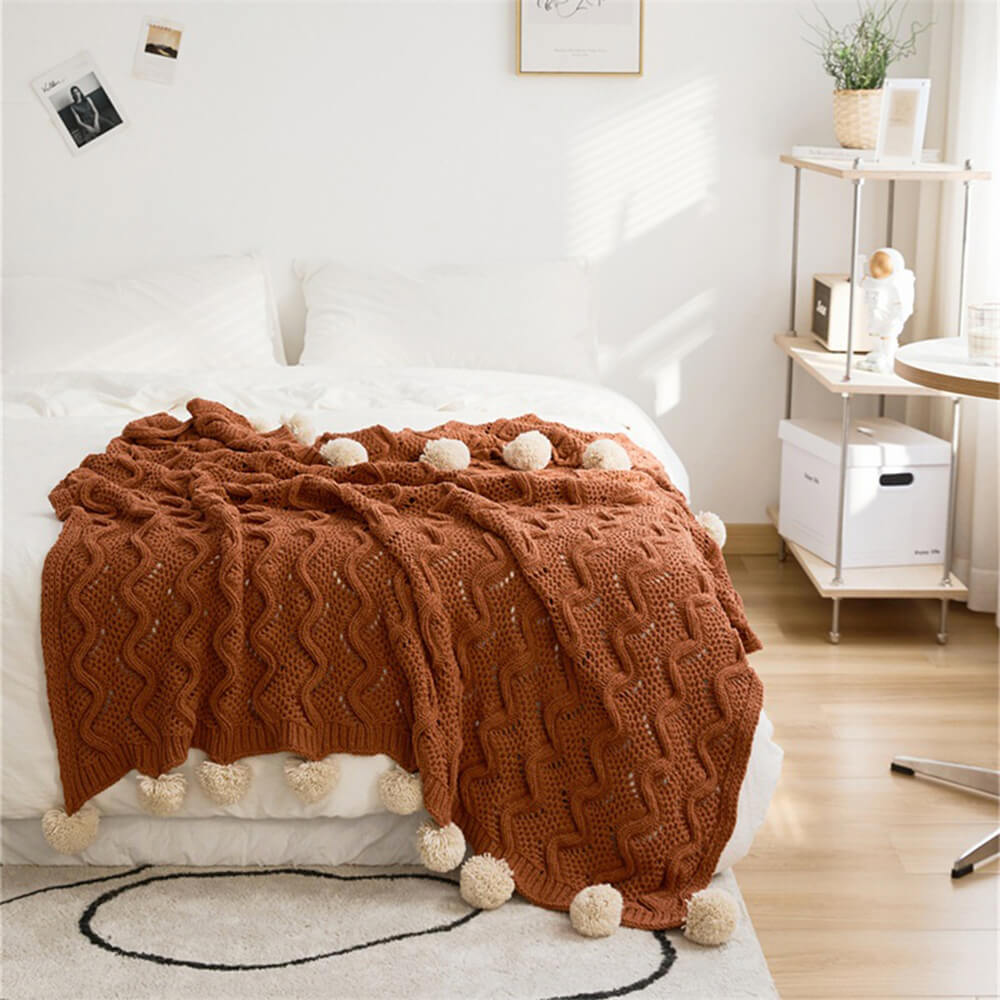 Nordic Style Chenille Pom Pom Cosy Throw Blanket with Pillowcase