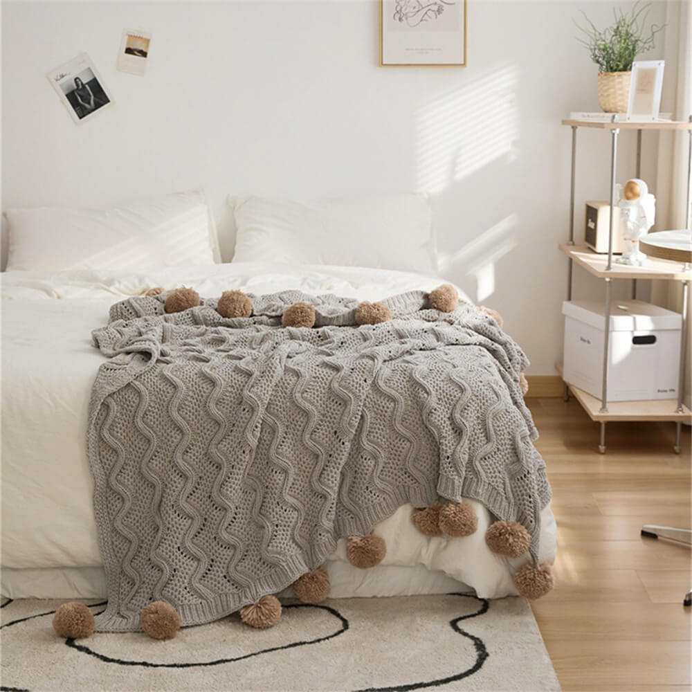 Nordic Style Chenille Pom Pom Cosy Throw Blanket with Pillowcase