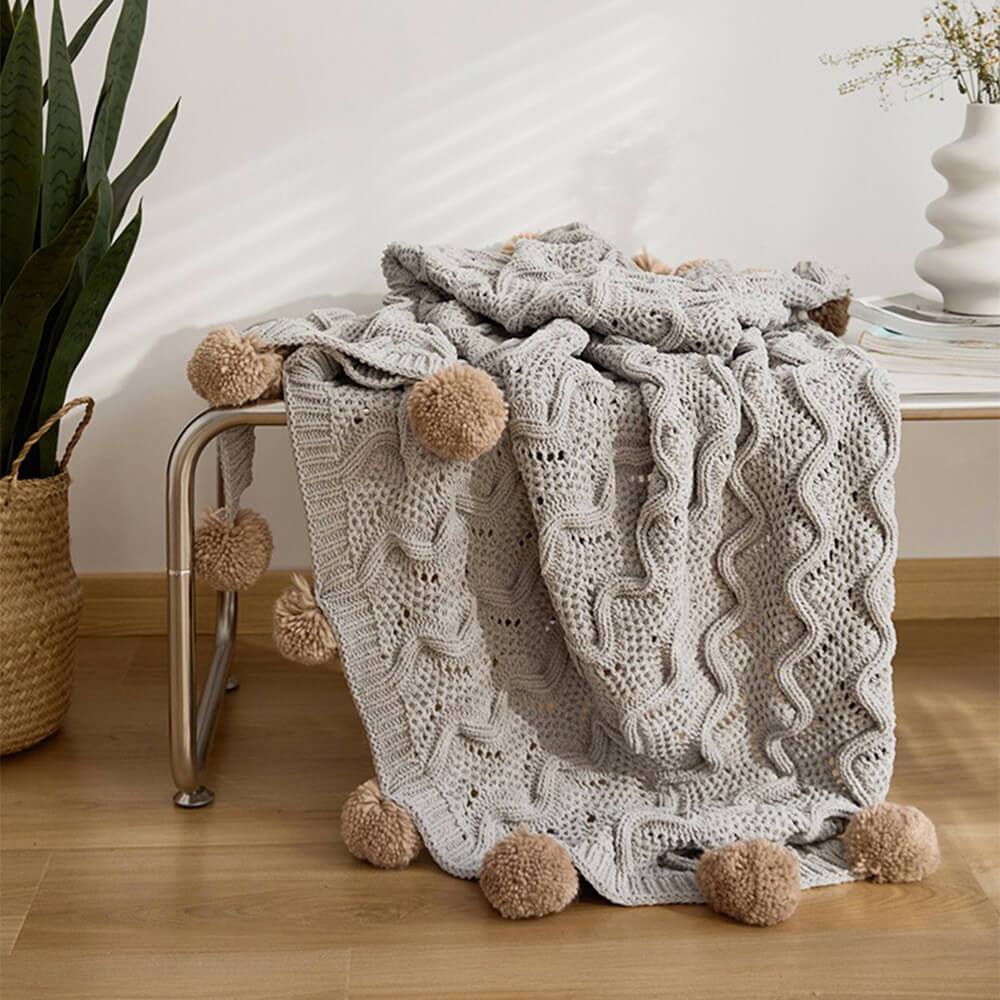 Nordic Style Chenille Pom Pom Cosy Throw Blanket with Pillowcase