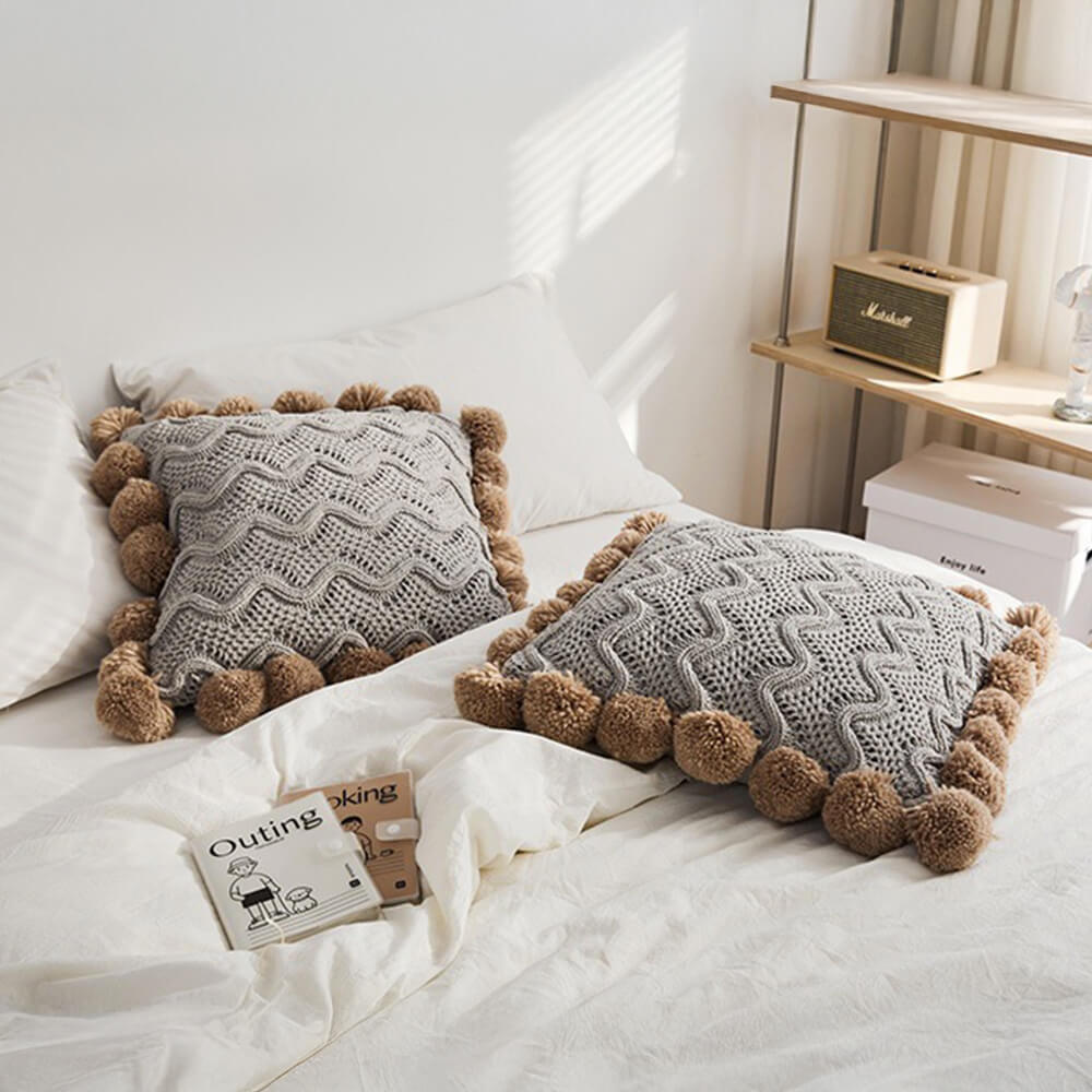 Nordic Style Chenille Pom Pom Cosy Throw Blanket with Pillowcase