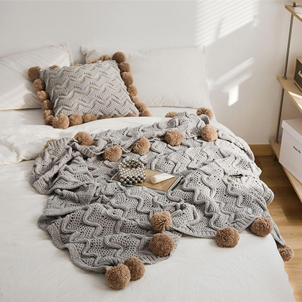 Nordic Style Chenille Pom Pom Cosy Throw Blanket with Pillowcase