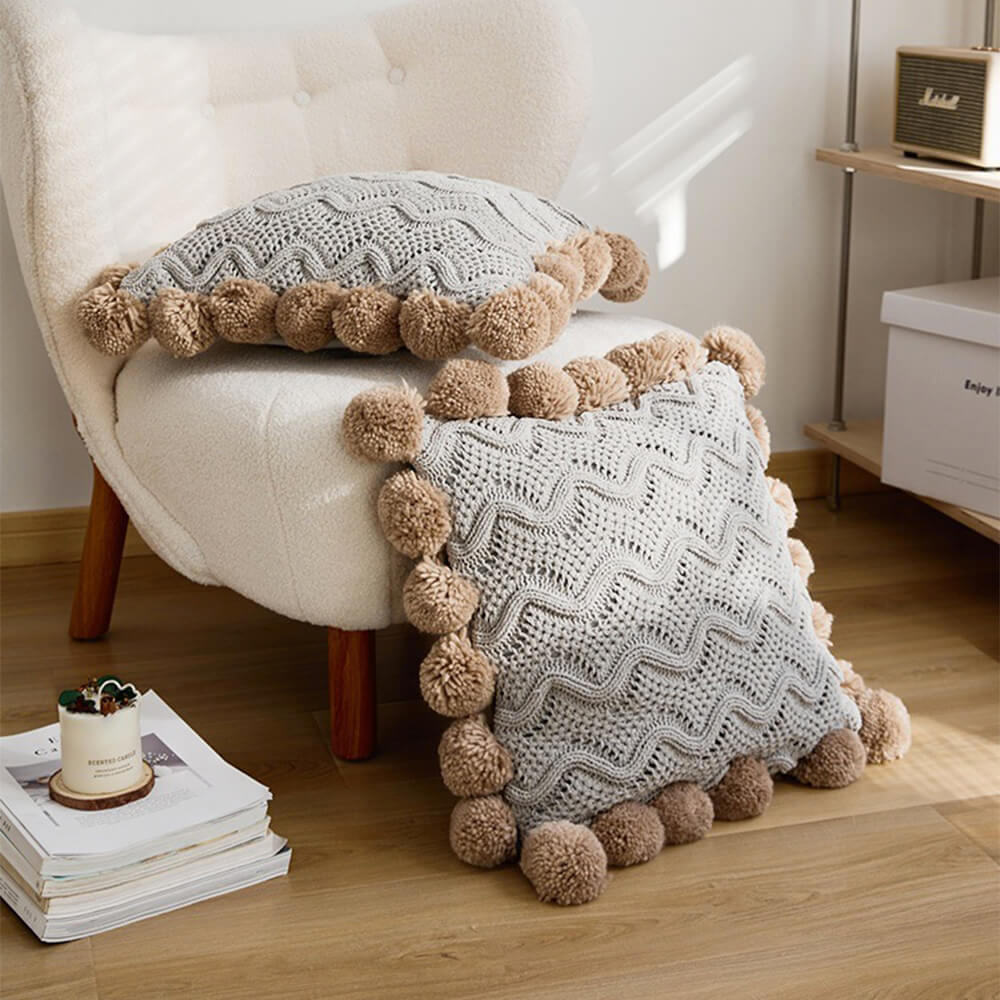 Nordic Style Chenille Pom Pom Cosy Throw Blanket with Pillowcase