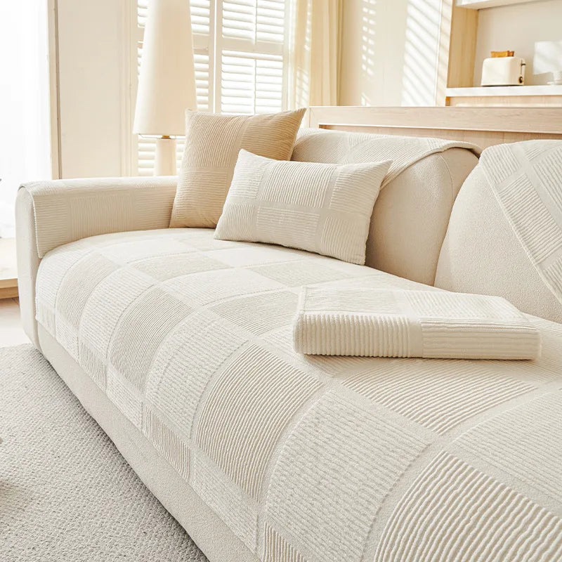 Plush Cream Geometric All Seasons Non-Slip Sofa Cover