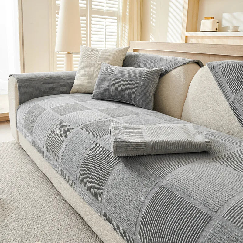 Plush Cream Geometric All Seasons Non-Slip Sofa Cover