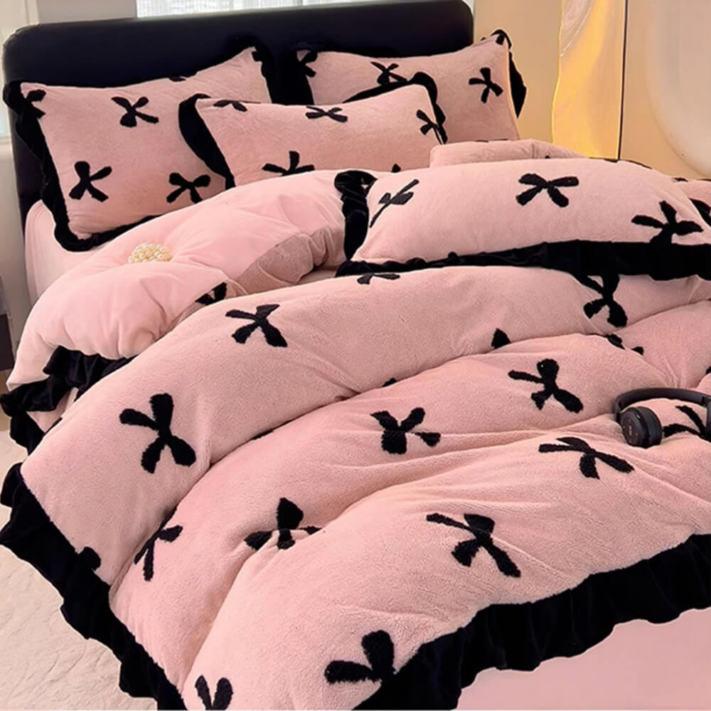 Romantic Bow knot Anti-Static Warm Milk Velvet Bed Sheet Set