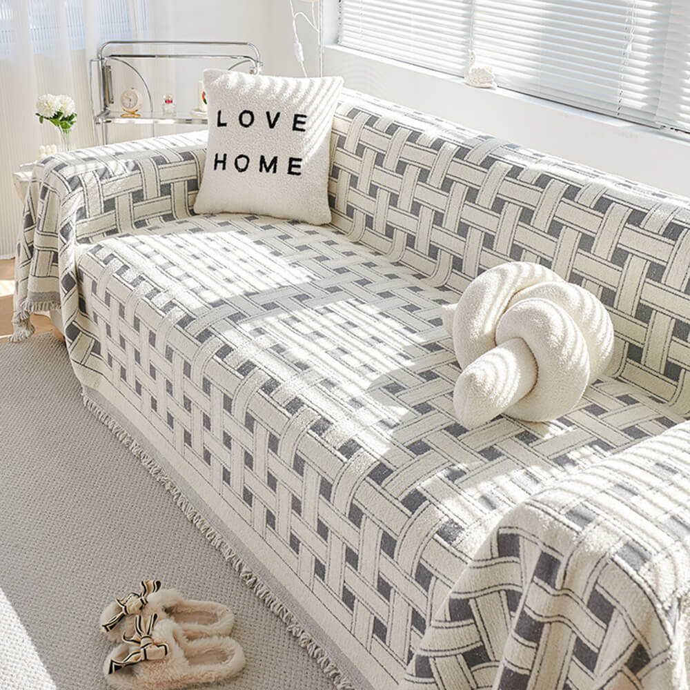 Stylish Chequered Fringed Tassel Chenille Sofa Protector Throw Sofa Cover