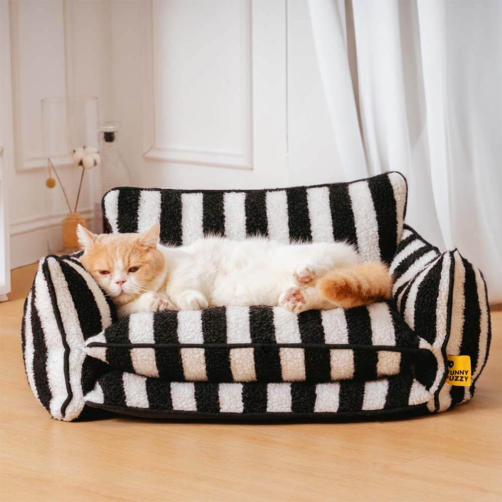 Trendy Striped Faux Lambswool Double Layer Cat Sofa Bed