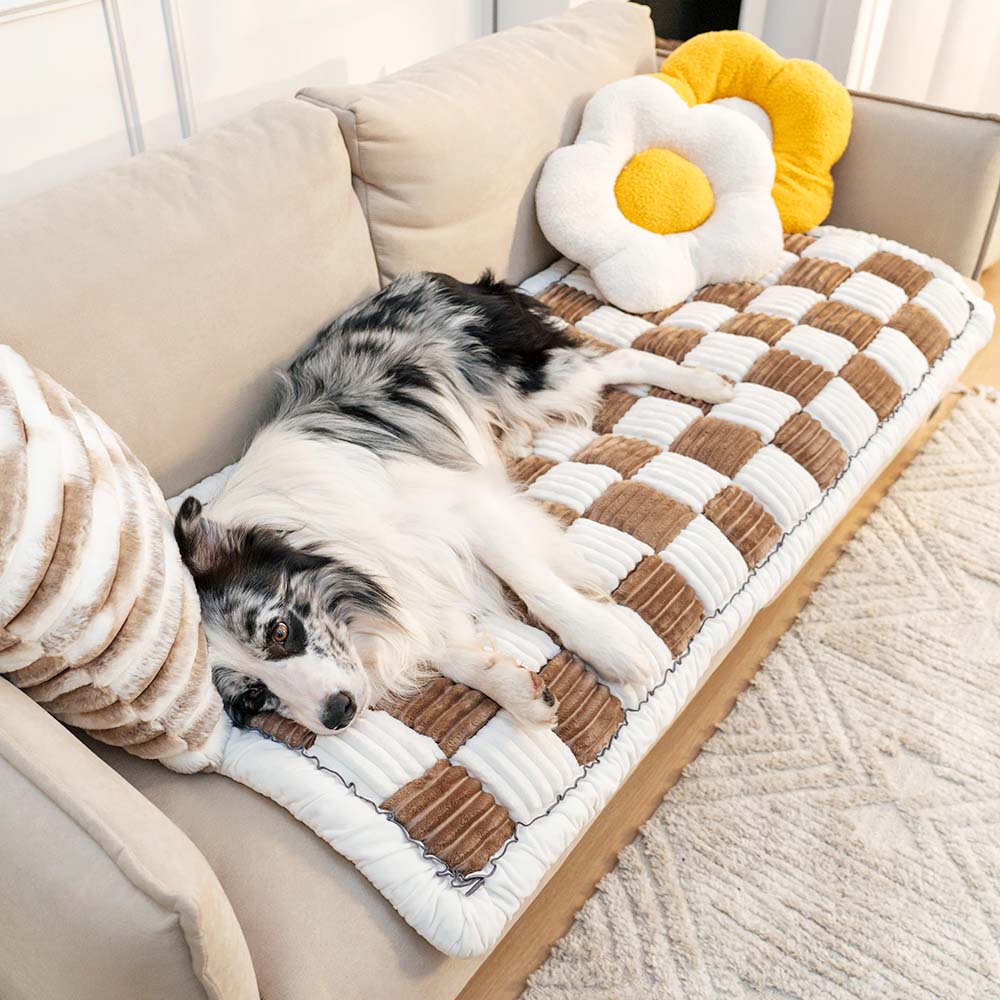 Cream-coloured Large Plaid Square Pet Carpet Bed Sofa Cover