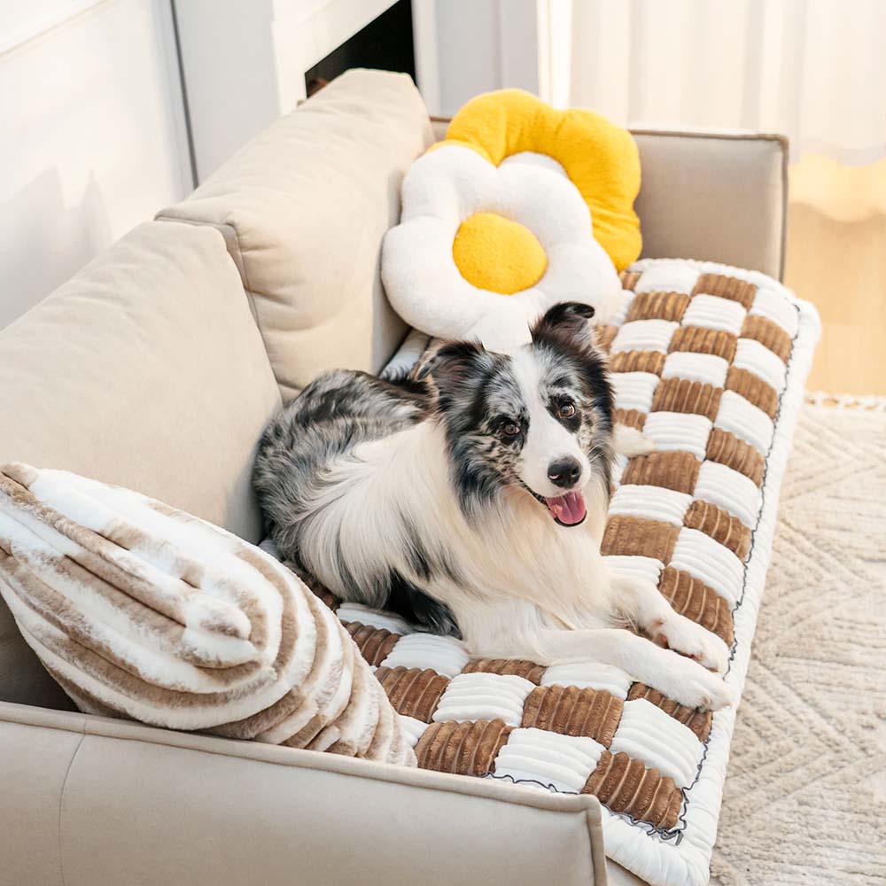 Cream-coloured Large Plaid Square Pet Carpet Bed Sofa Cover