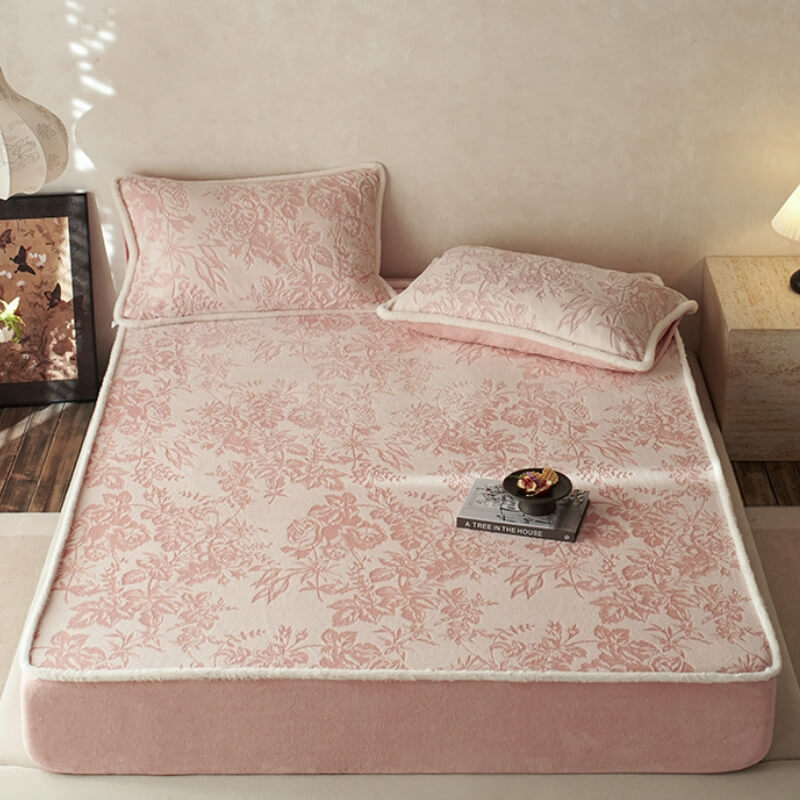 Gentle Carved Floral Cosy Milk Velvet Mattress Protector Fitted Sheet