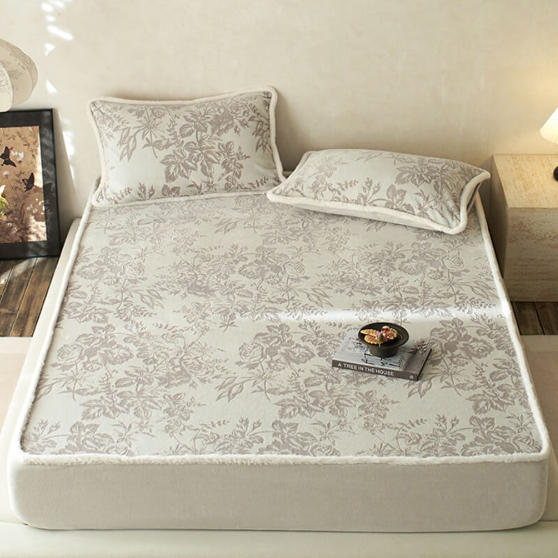 Gentle Carved Floral Cosy Milk Velvet Mattress Protector Fitted Sheet