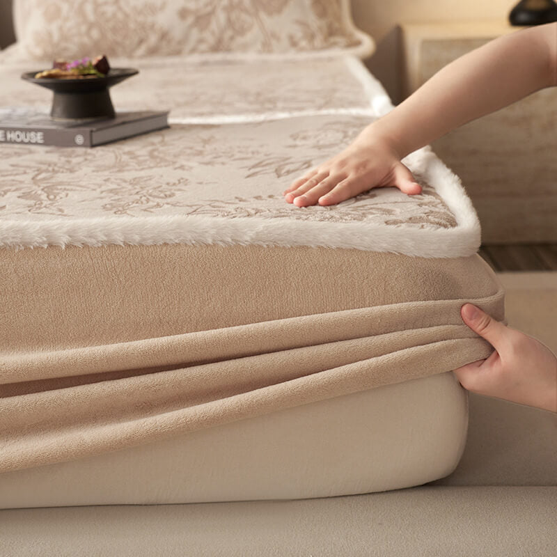 Gentle Carved Floral Cosy Milk Velvet Mattress Protector Fitted Sheet