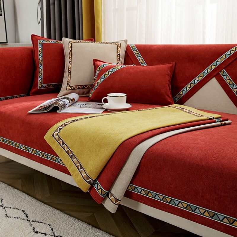 Geometric Decor Solid Colour Chenille Non-Slip Comfort Sofa Cover