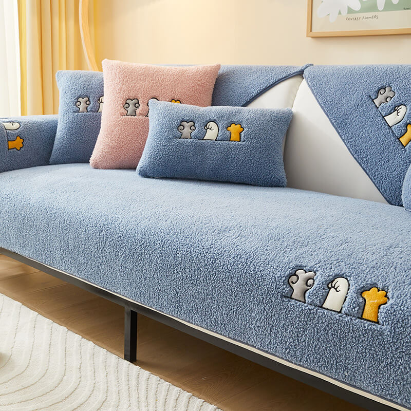 Schöner, rutschfester Sofabezug aus Sherpa-Fleece mit Katzenpfote