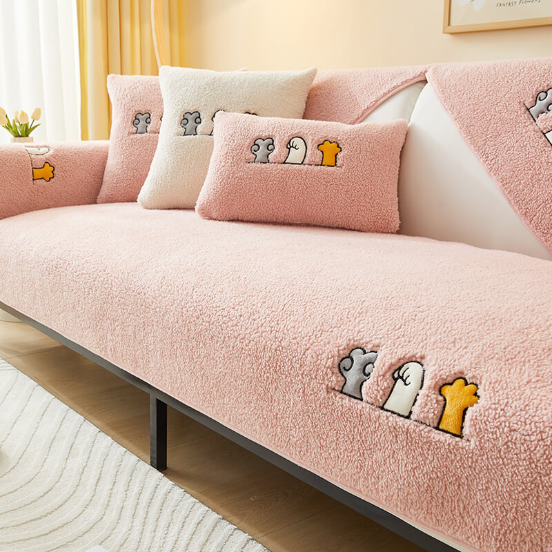 Schöner, rutschfester Sofabezug aus Sherpa-Fleece mit Katzenpfote