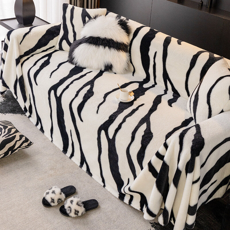 Luxurious Zebra-Print Fluffy Plush Sofa Protector Stylish Sofa Cover