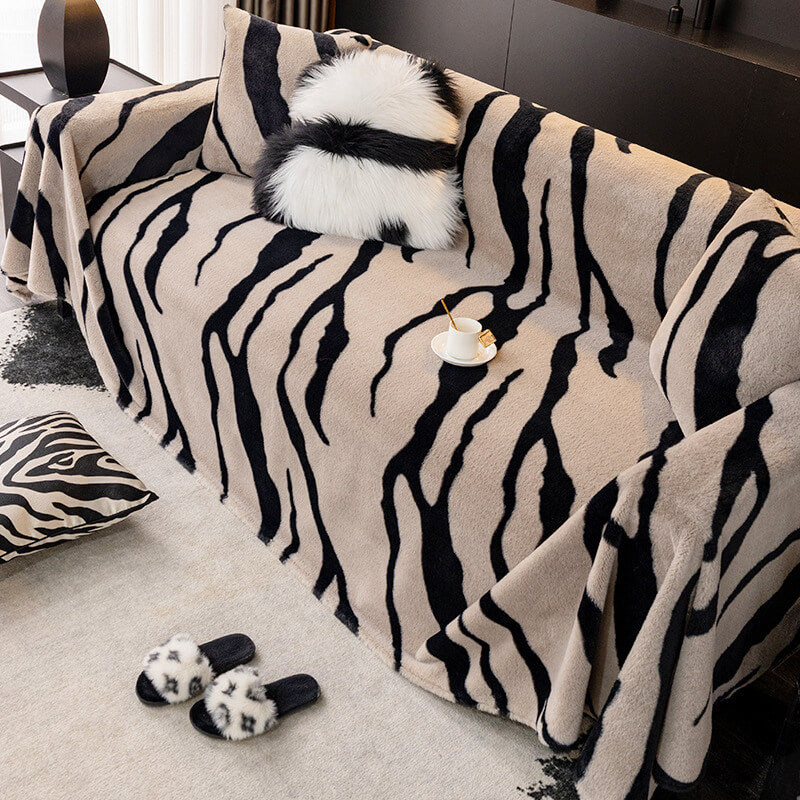 Luxurious Zebra-Print Fluffy Plush Sofa Protector Stylish Sofa Cover