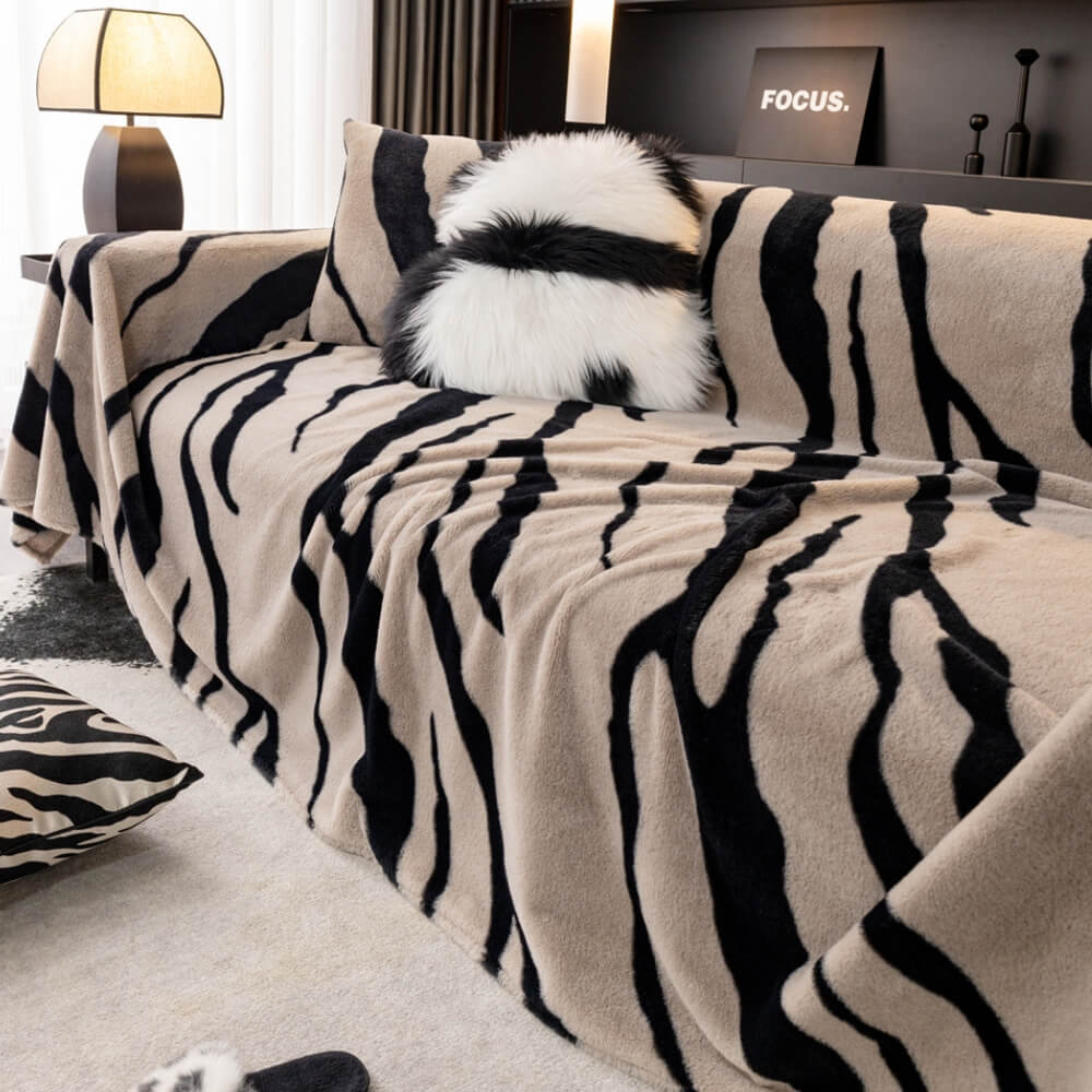 Luxurious Zebra-Print Fluffy Plush Sofa Protector Stylish Sofa Cover